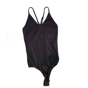 Black Spaghetti Strap Stretchy Thong Bodysuit With Adjustable Straps.
